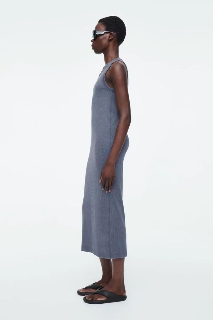COS Ribbed Tube Dress scoop neckline slender, ribbed organic cotton silhouette.